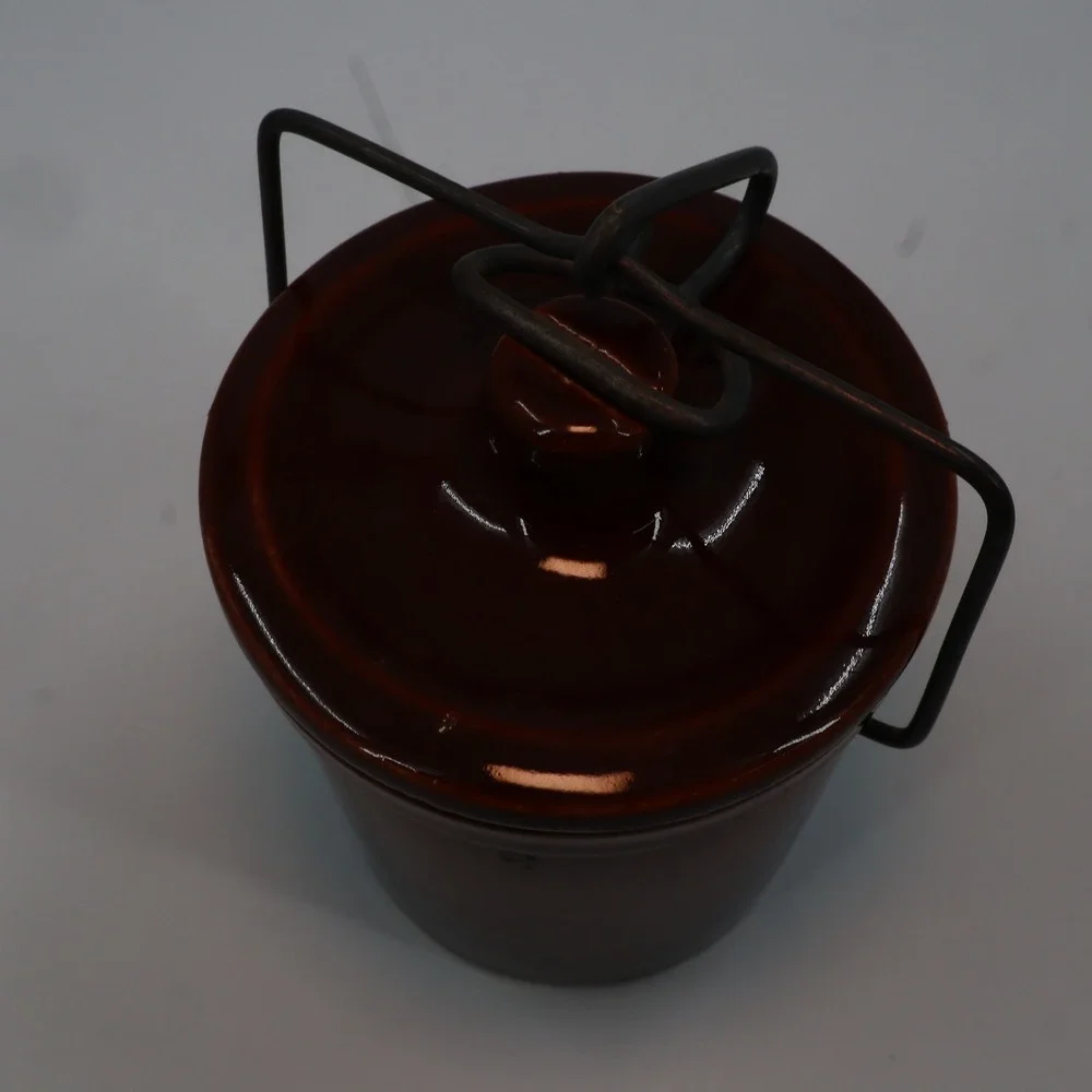 Stoneware Crock Jar Unisex 5in Brown‎ Glazed Wire Bale Lid Vintage